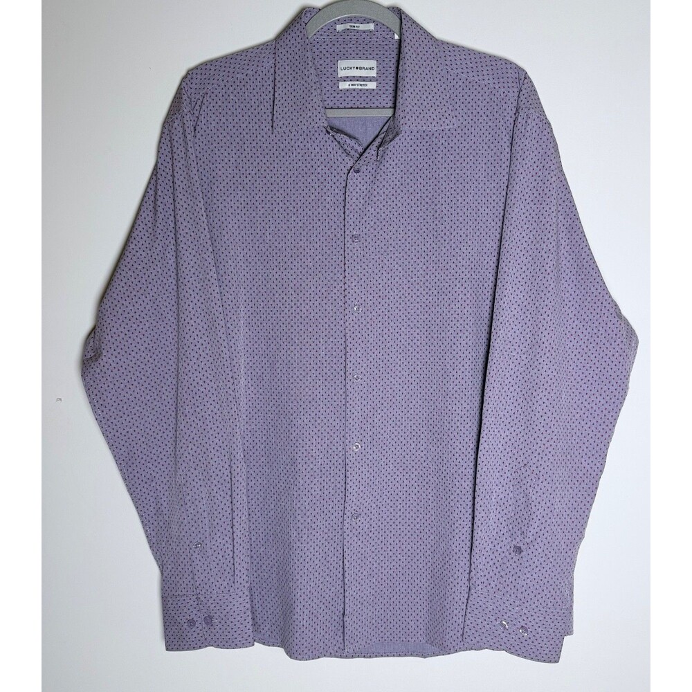 Lucky Brand Men’s XL Slim Fit Dress Shirt Purple Geo Print 4 Way Stretch 34/35
